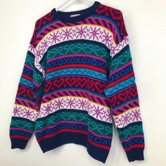 Ashley Colorful Design Stripe Knit Pullover Retro Crew Neck Sweater - Picture 5 of 15